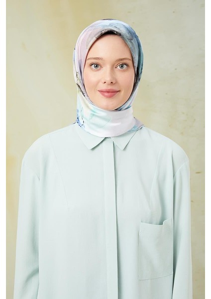 Buz Mavisi Sulu Boya Desenli Twill Digital Eşarp