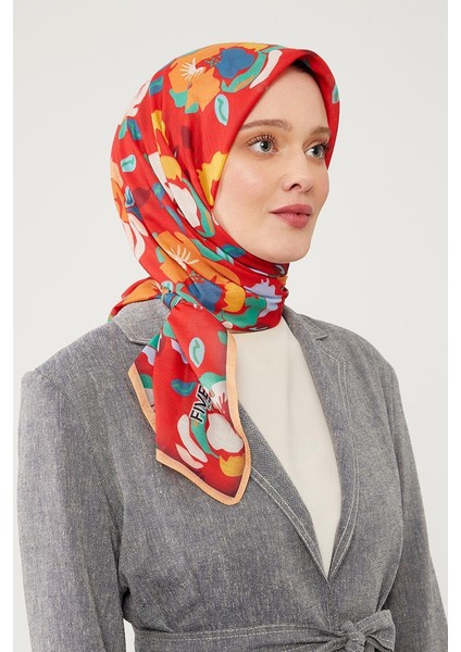 Kırmızı Soyut Çiçek Desen Cotton Eşarp