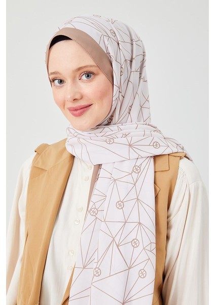 Latte Geometrik Desen Violet Medine İpeği Şal