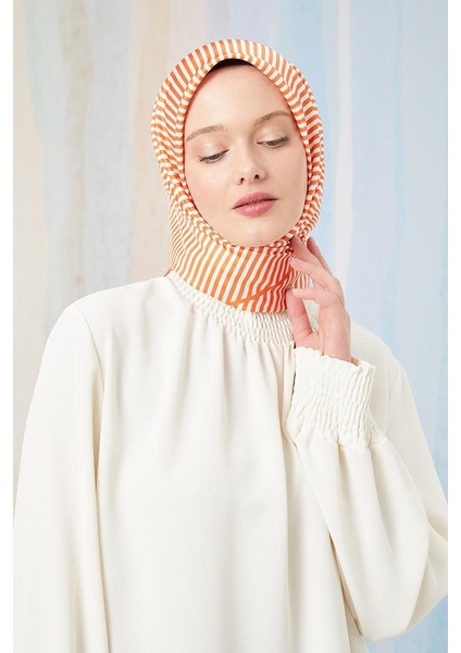 Turuncu Çizgili Twill Digital Eşarp