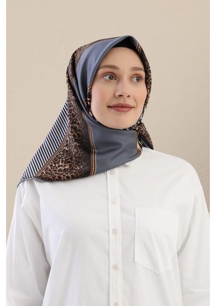 Mavi Leopar Desen Twill Digital Eşarp