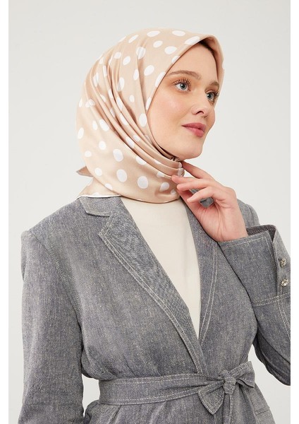 Bej Puantiye Desen Twill Digital Eşarp