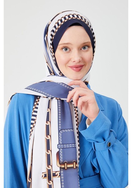 Lacivert Zincir Desen Violet Medine İpeği Şal