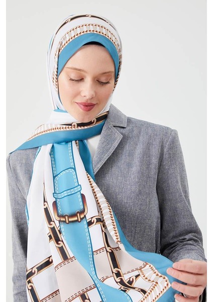 Gök Mavisi Zincir Desen Violet Medine İpeği Şal