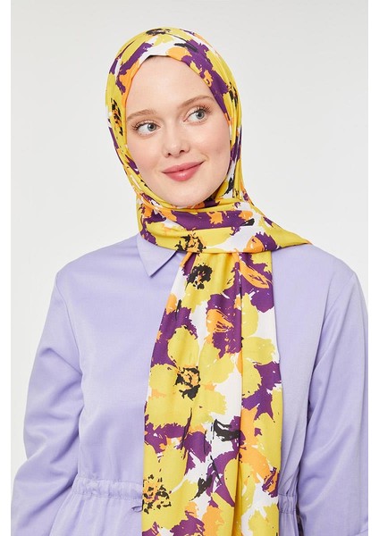 Sarı Büyük Çiçek Desenli Mono Şal