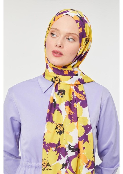 Sarı Büyük Çiçek Desenli Mono Şal modelleri