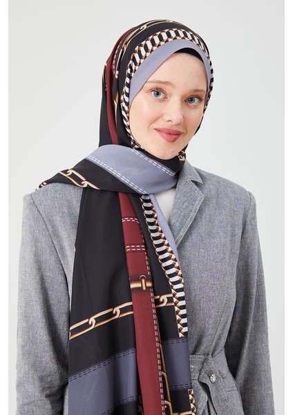 K.Gri Zincir Desen Violet Medine İpeği Şal