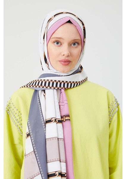 Gri Zincir Desen Violet Medine İpeği Şal