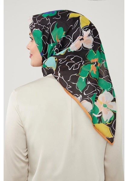 Siyah Yonca Desen Soft Cotton Eşarp