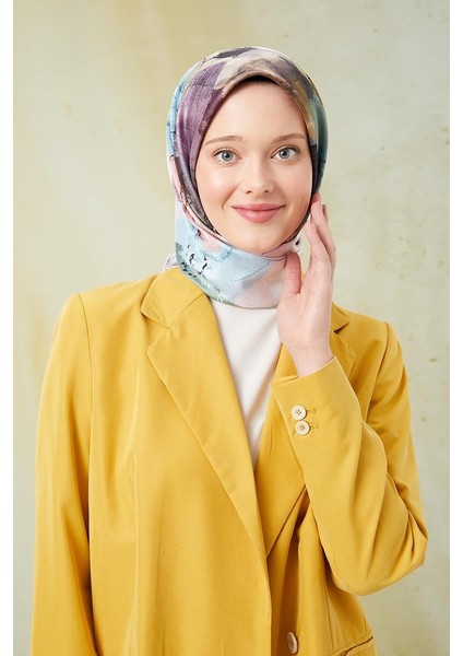 Koyu Pudra Sulu Boya Desenli Twill Digital Eşarp
