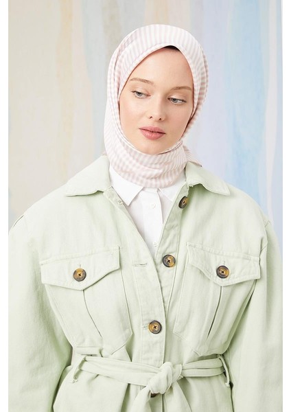 Pudra Çizgili Twill Digital Eşarp