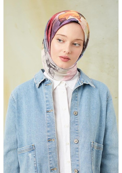 Somon Sulu Boya Desenli Twill Digital Eşarp