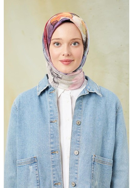 Somon Sulu Boya Desenli Twill Digital Eşarp fiyatları