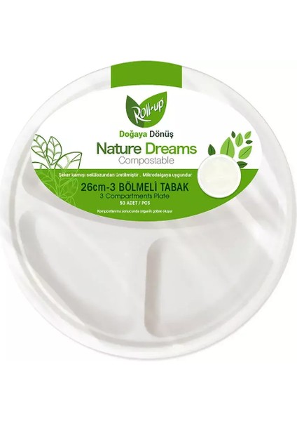 Roll Up Nature Dreams Doğa Dostu Karton Tabak 26 cm 3 Gözlü 50LI