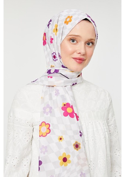 Gümüş Çiçek Desen Mono Krep Şal