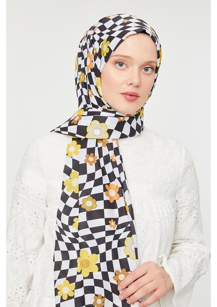 Safran Çiçek Desen Mono Krep Şal