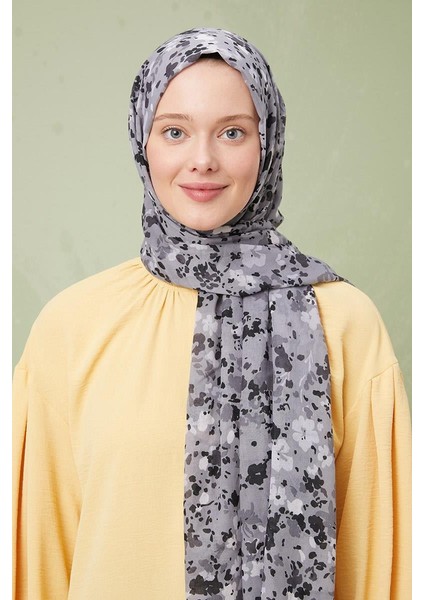 Gri Karışık Çiçek Desen Cotton Şal