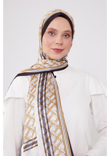 Siyah-Gold Şeritli Halka Desen Brand Şal