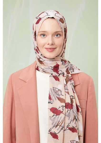 Kum Karışık Yaprak Desen Cotton Şal