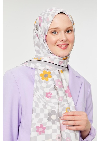 Gri Çiçek Desen Mono Krep Şal
