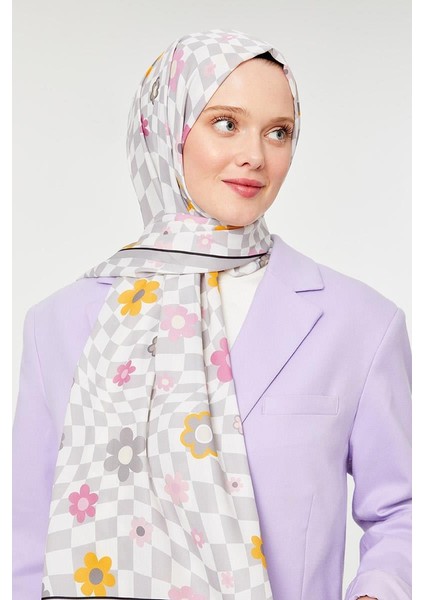 Gri Çiçek Desen Mono Krep Şal