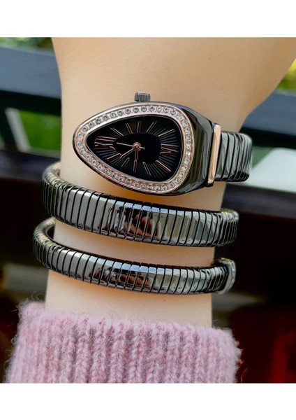 Özel Kutusunda Siyah Renk Yılan Model Taşlı Vintage Kadın Kol Saati fiyatları