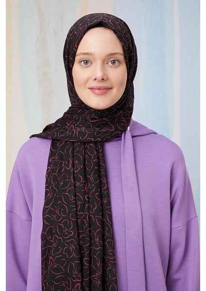 Fuşya Soyut Çiçek Desenli Cotton Şal