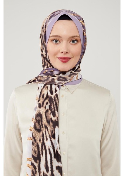 Lila Leopar Desen Violet Medine Ipeği Şal