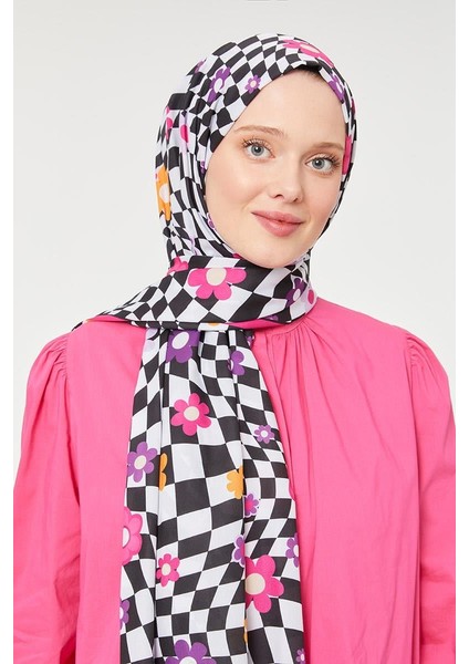 Fuşya Çiçek Desen Mono Krep Şal