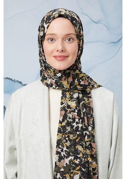 Haki Suluboya Çiçek Desen Cotton Şal