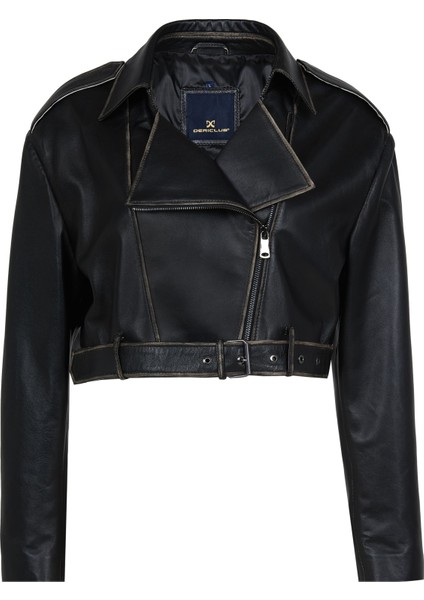 Lenora Kadın Silme Cropcut Biker Hakiki Deri Mont