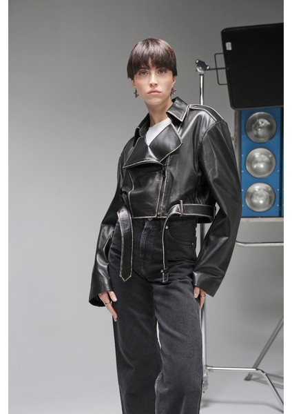 Lenora Kadın Silme Cropcut Biker Hakiki Deri Mont fiyatları