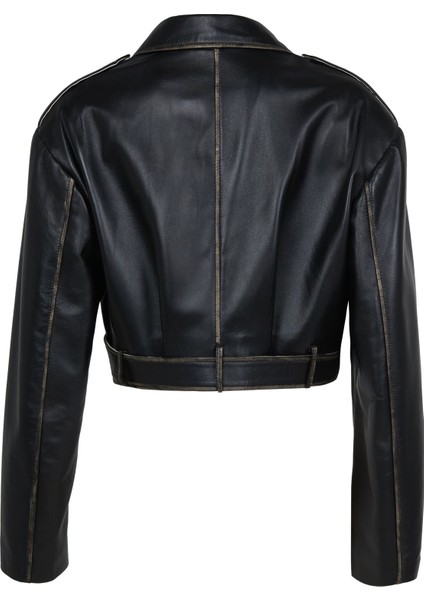 Lenora Kadın Silme Cropcut Biker Hakiki Deri Mont fırsatları