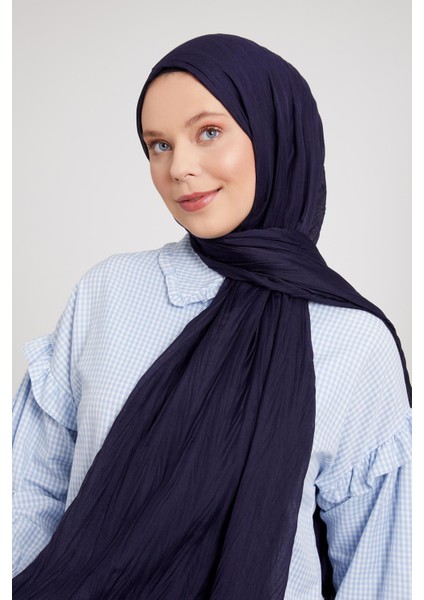 Lacivert Pliseli Pamuklu Şal