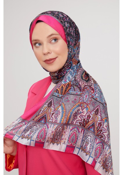Fuşya Etnik Desen Vual İpek Şal
