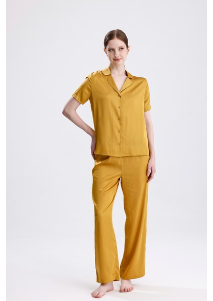 Kadın Kısa Kol Önden Düğmeli Likralı Hardal Renk Yazlık Pijama Takımı fırsatları