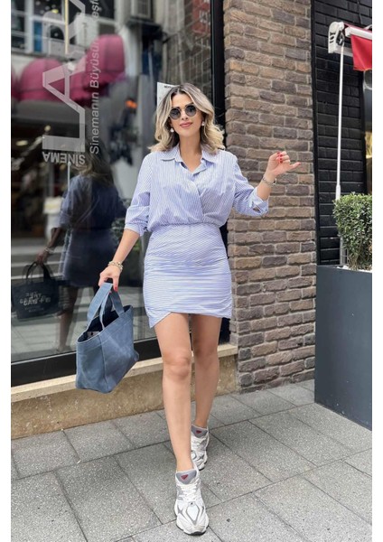 Çizgili Gömlek Elbise Mavi