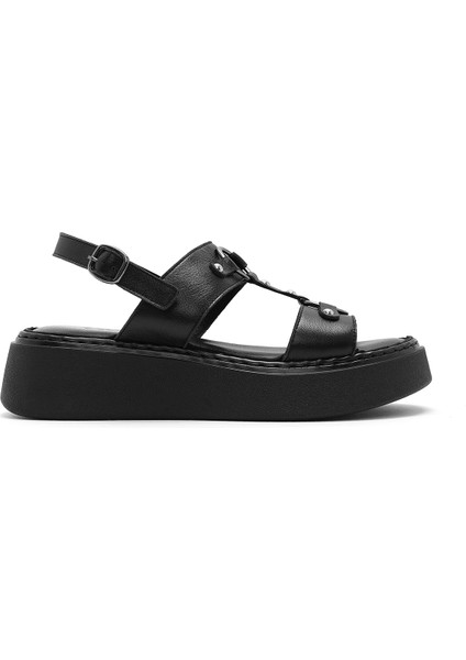 Kadın Siyah Bilekten Tokalı Kalın Tabanlı Deri Comfort Sandalet 25SFD342518