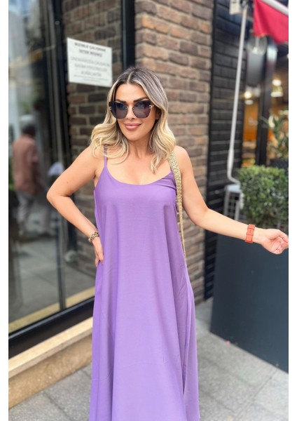 Ip Askılı Geniş Kesim Saten Elbise Mor