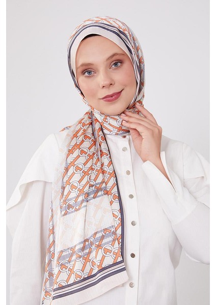 Krem Şeritli Halka Desen Brand Şal