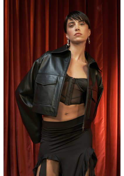 Detroit Kadın Crop Hakiki Deri Mont