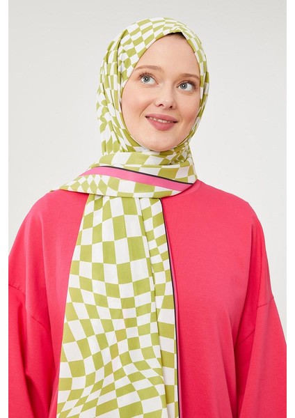 Çimen Yeşili Dama Desen Mono Krep Şal