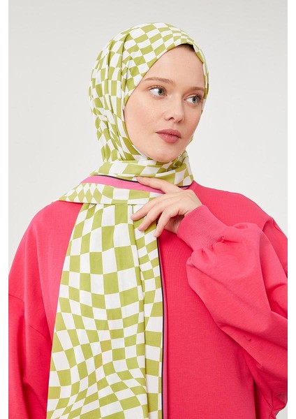 Çimen Yeşili Dama Desen Mono Krep Şal modelleri