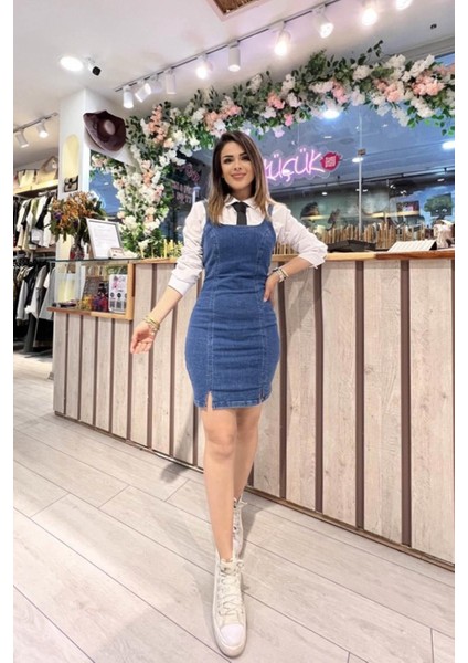 Sırt Dekolteli Mini Kot Elbise Mavi
