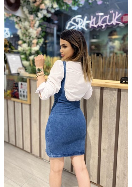 Sırt Dekolteli Mini Kot Elbise Mavi