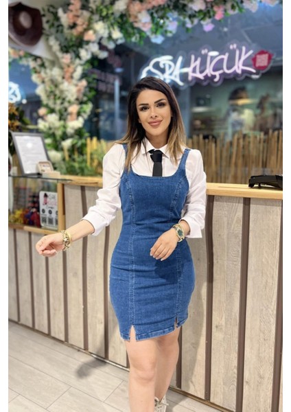 Sırt Dekolteli Mini Kot Elbise Mavi