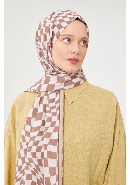 Kahve Dama Desen Mono Krep Şal