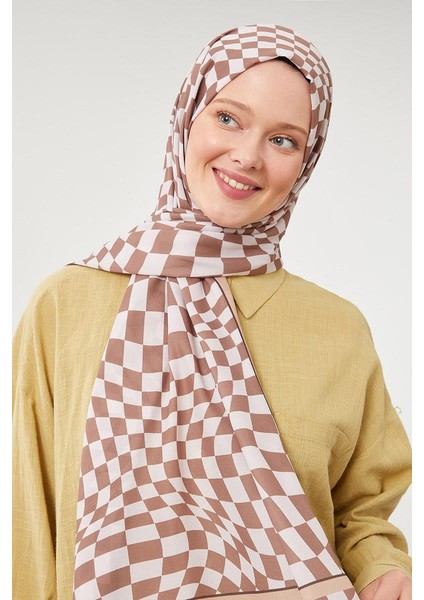 Kahve Dama Desen Mono Krep Şal modelleri