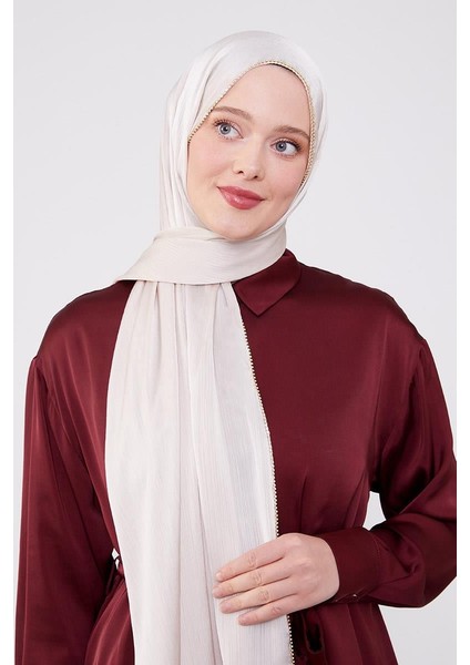 Krem Yanları Taş Şeritli Brilant Şal