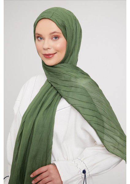 Yeşil Pliseli Pamuklu Şal